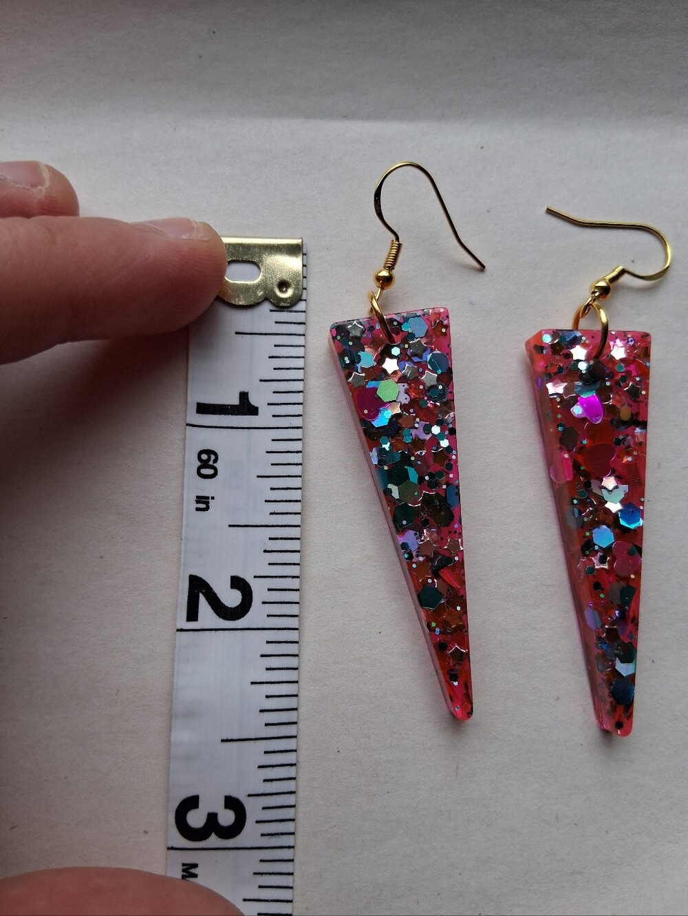 Hand Crafted Pink Glitter Triangle Drop Earrings - Picture 4 of 4
